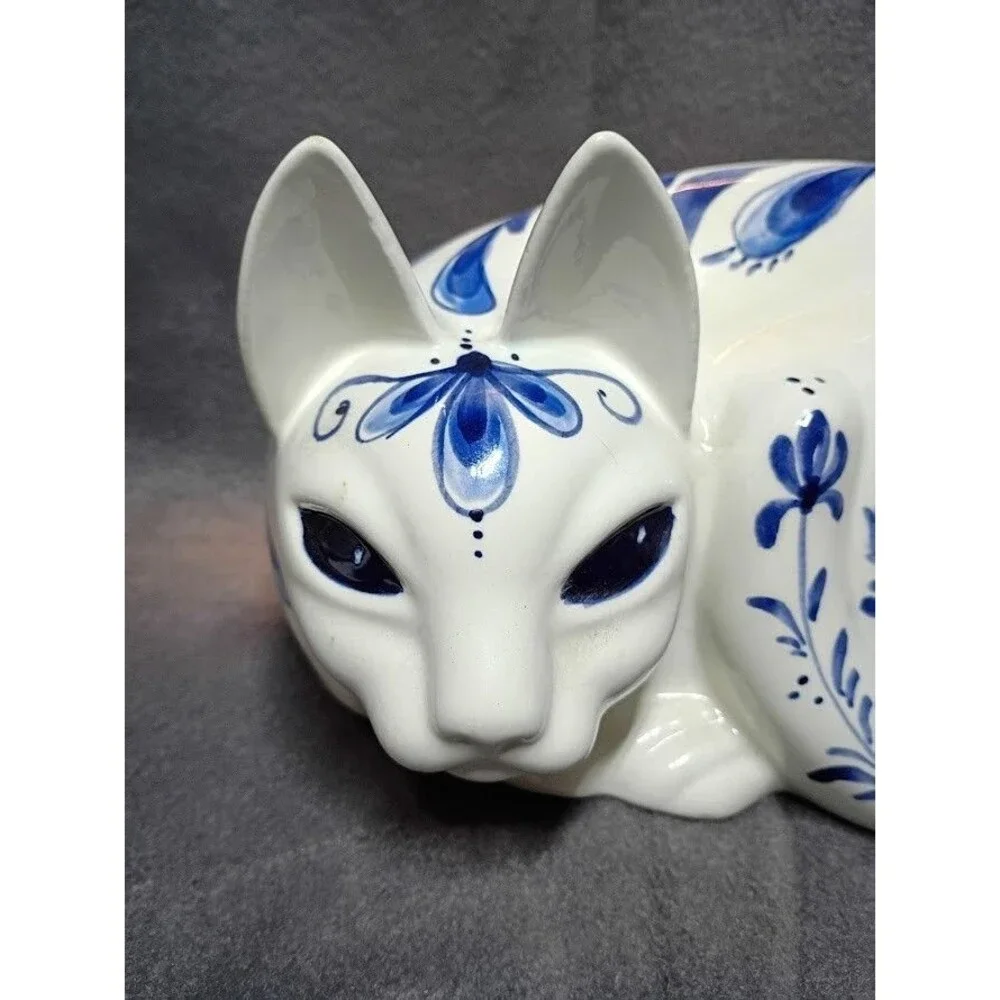 Vintage Cobalt Blue & White Flowers Laying On side Hand-Painted Cat By Alice